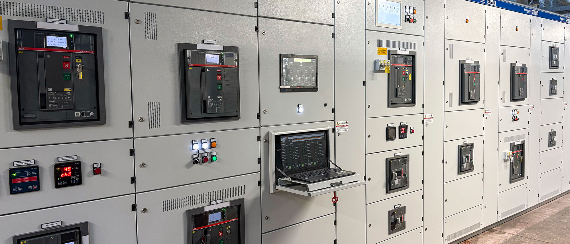 Dettaglio del quadro elettrico Power Center installato in cantiere, con pannello di supervisione SCADA.